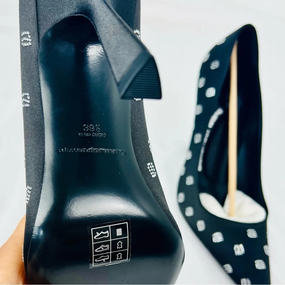 Alexander Wang Delphine Black Satin Crystal Logo Stiletto Pumps Heels 4” 39.5 - Picture 7 of 16